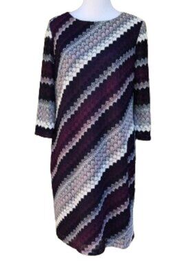 Studio One Plus Dress Purple Multicolor Striped 3/4 Sleeves Knit Style Lace